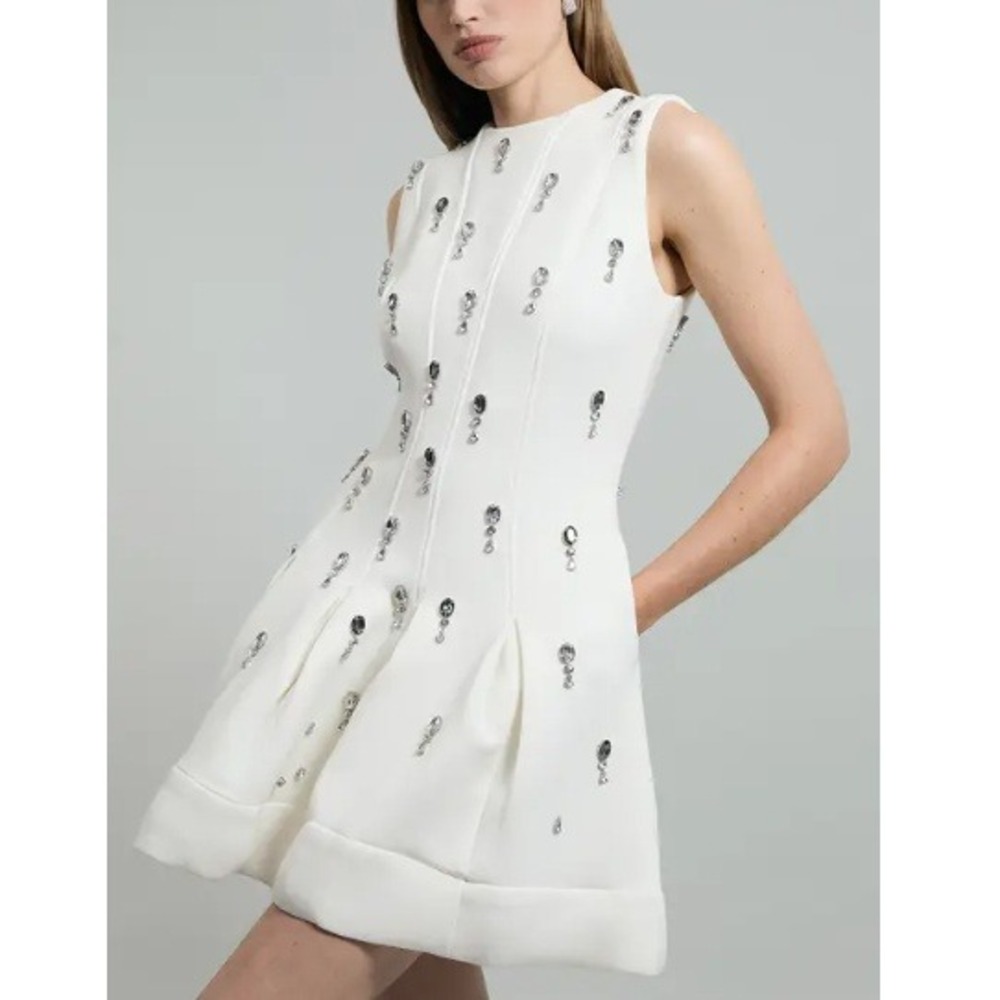 Karen‎ Millen White Crystal Embellished Premium Scuba Jersey Mini Dress NWT XS